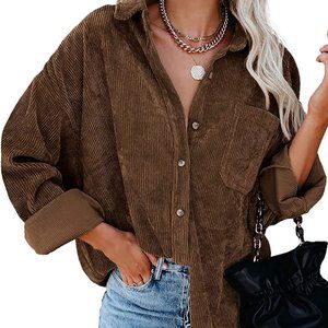 Womens Corduroy Button Down Shirts Boyfriend Long Sleeve Oversized Blouses Tops